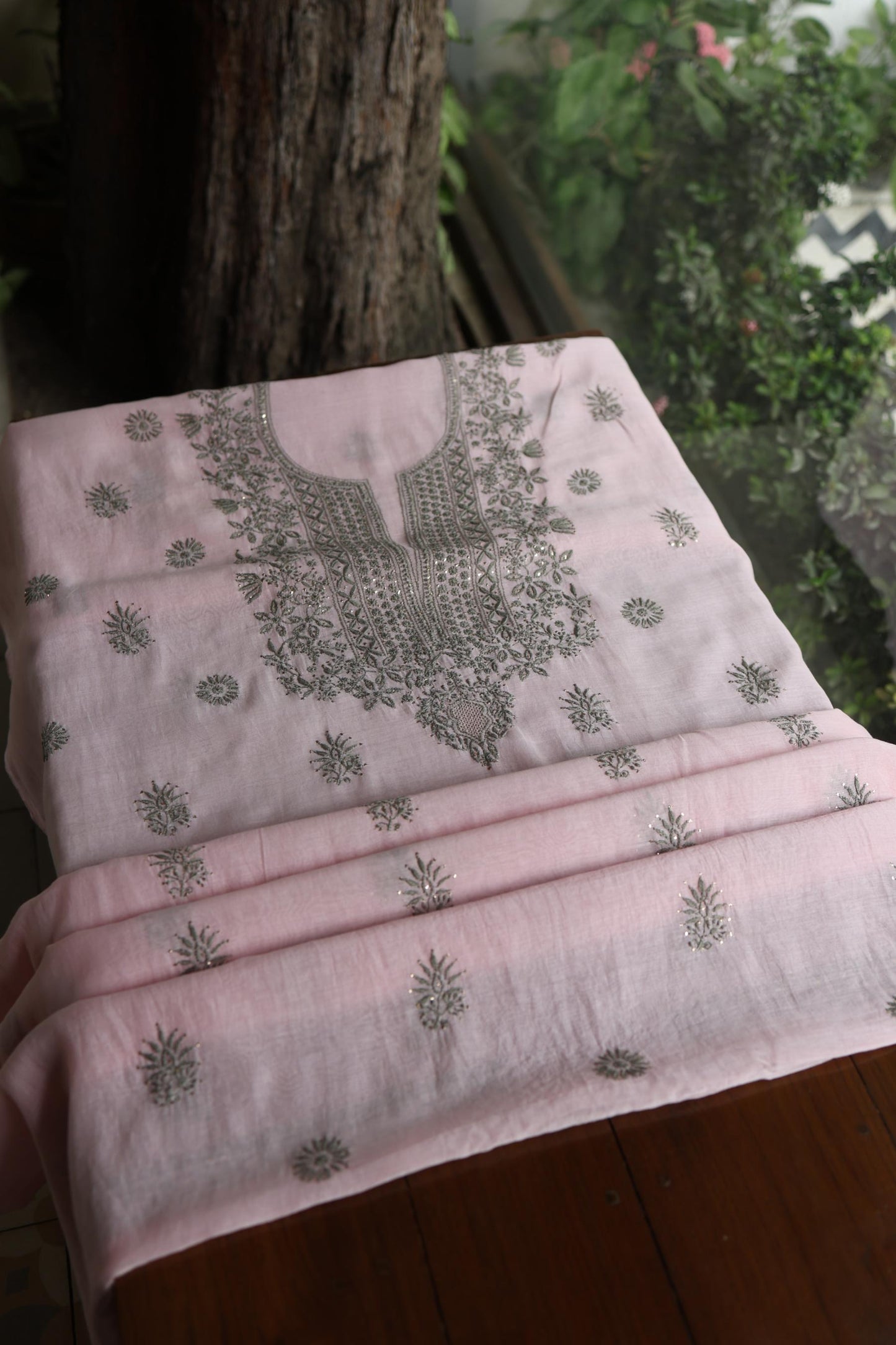 Pink & Grey Shade Mal Cotton Chikankari Unstitched Kurta Dupatta Fabric With Kamdani