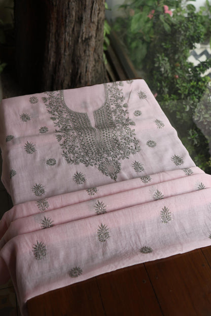 Pink & Grey Shade Mal Cotton Chikankari Unstitched Kurta Dupatta Fabric With Kamdani