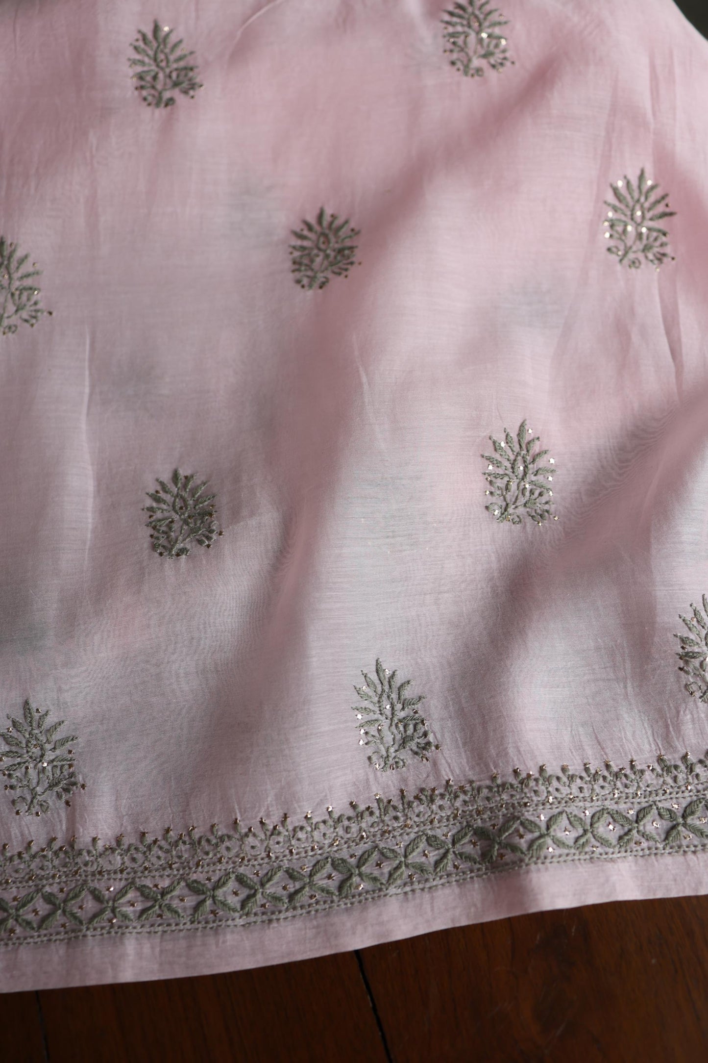 Pink & Grey Shade Mal Cotton Chikankari Unstitched Kurta Dupatta Fabric With Kamdani