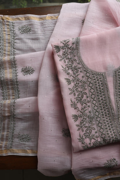 Pink & Grey Shade Mal Cotton Chikankari Unstitched Kurta Dupatta Fabric With Kamdani