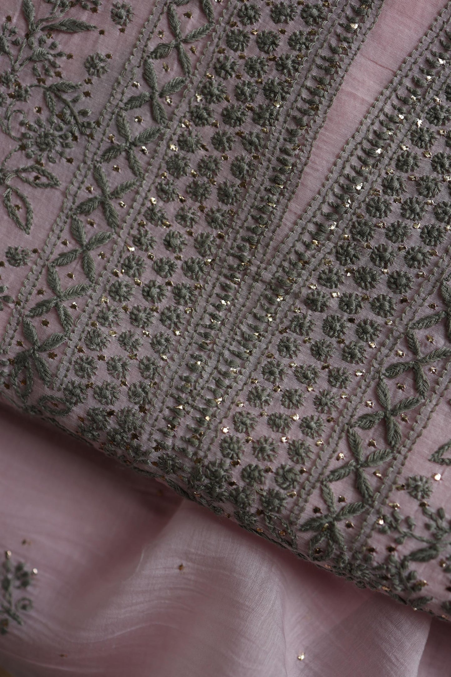 Pink & Grey Shade Mal Cotton Chikankari Unstitched Kurta Dupatta Fabric With Kamdani