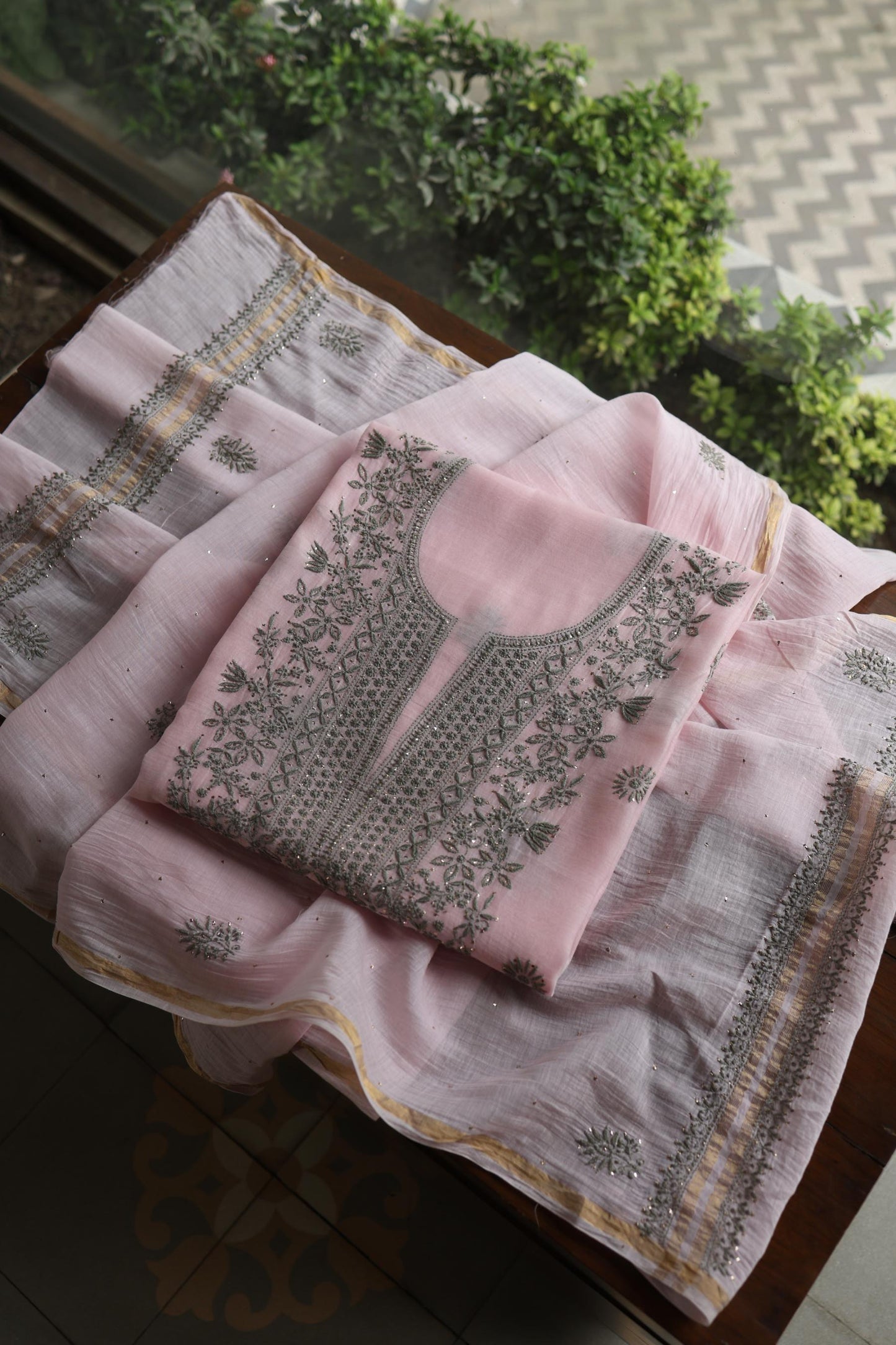 Pink & Grey Shade Mal Cotton Chikankari Unstitched Kurta Dupatta Fabric With Kamdani