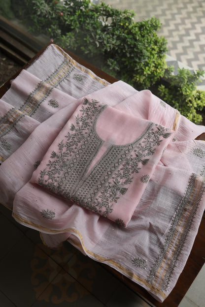 Pink & Grey Shade Mal Cotton Chikankari Unstitched Kurta Dupatta Fabric With Kamdani