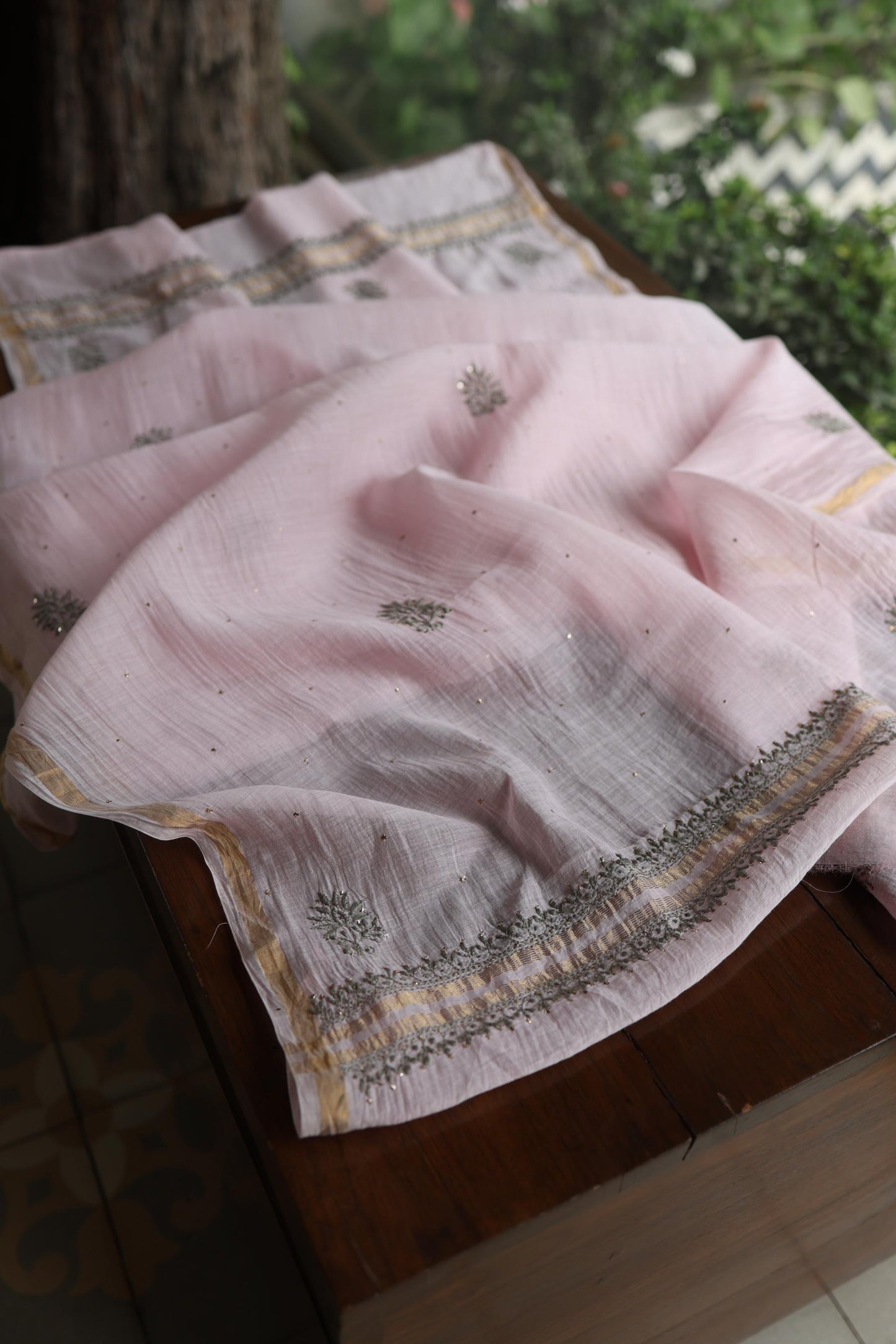 Pink & Grey Shade Mal Cotton Chikankari Unstitched Kurta Dupatta Fabric With Kamdani