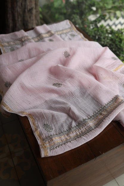 Pink & Grey Shade Mal Cotton Chikankari Unstitched Kurta Dupatta Fabric With Kamdani