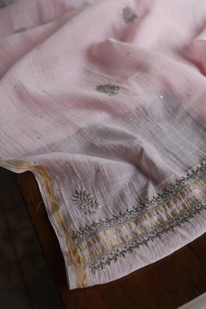 Pink & Grey Shade Mal Cotton Chikankari Unstitched Kurta Dupatta Fabric With Kamdani