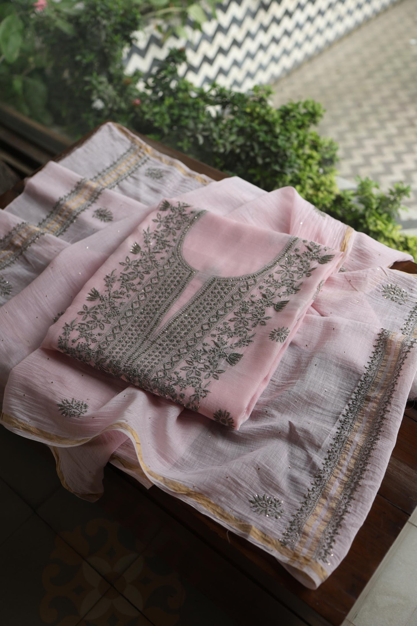 Pink & Grey Shade Mal Cotton Chikankari Unstitched Kurta Dupatta Fabric With Kamdani
