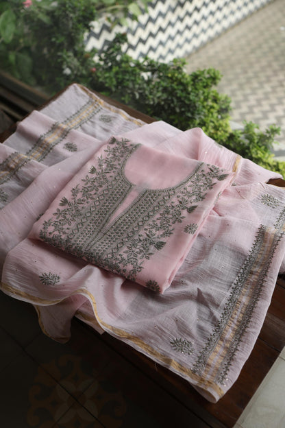 Pink & Grey Shade Mal Cotton Chikankari Unstitched Kurta Dupatta Fabric With Kamdani
