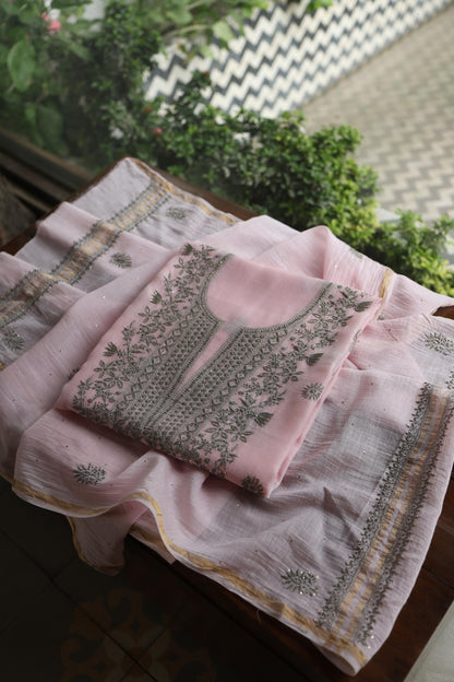 Pink & Grey Shade Mal Cotton Chikankari Unstitched Kurta Dupatta Fabric With Kamdani