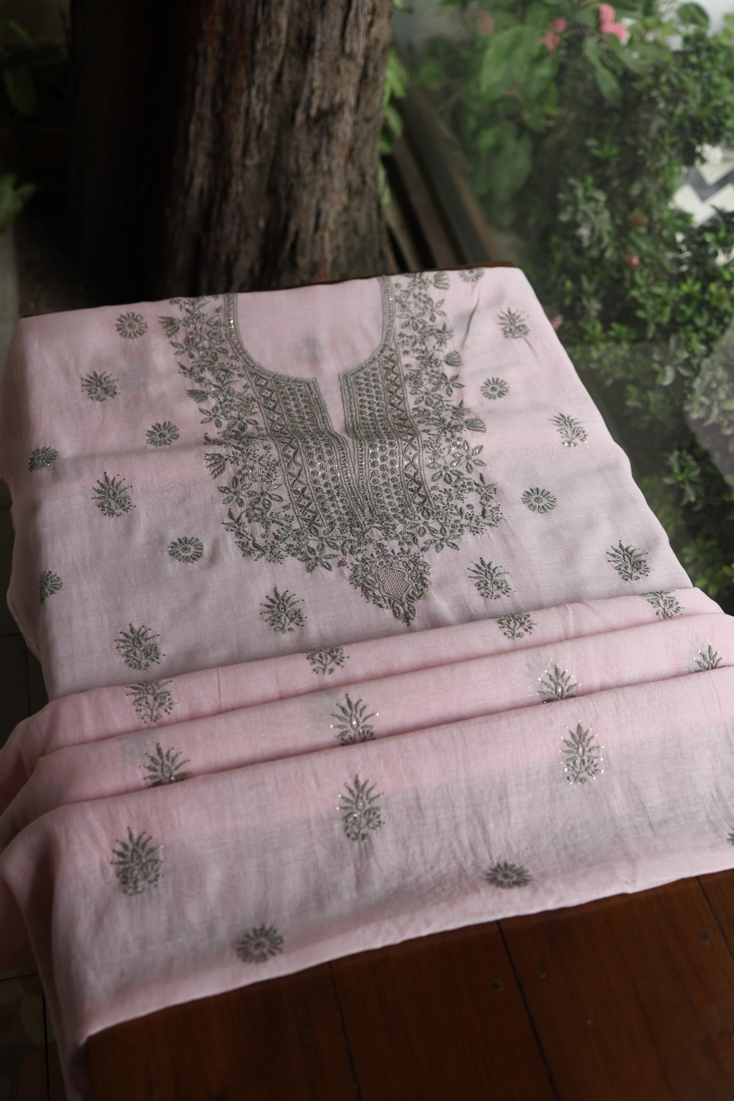 Pink & Grey Shade Mal Cotton Chikankari Unstitched Kurta Dupatta Fabric With Kamdani