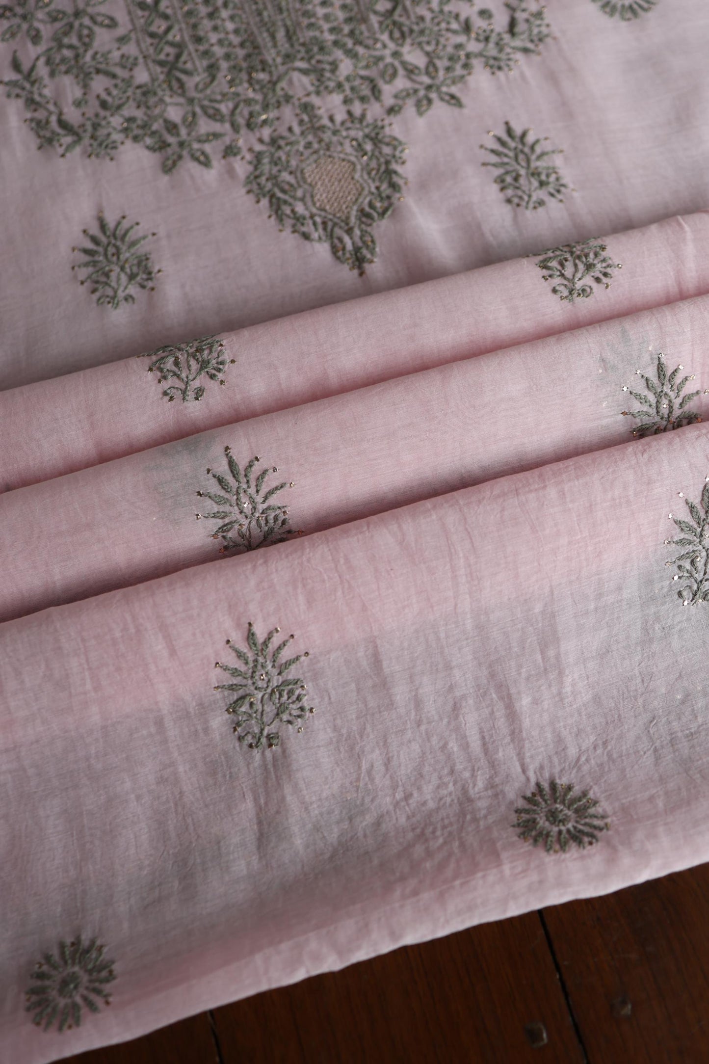 Pink & Grey Shade Mal Cotton Chikankari Unstitched Kurta Dupatta Fabric With Kamdani