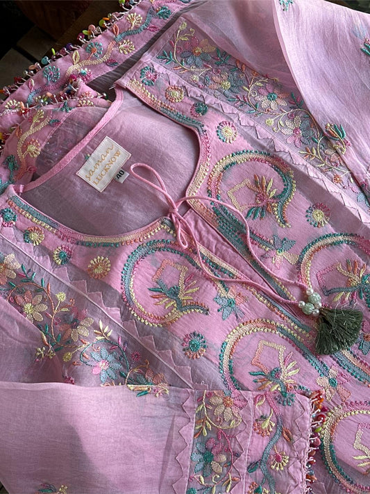Pink Multi Coloured Noor Organza Resham Chikankari Kurta Set