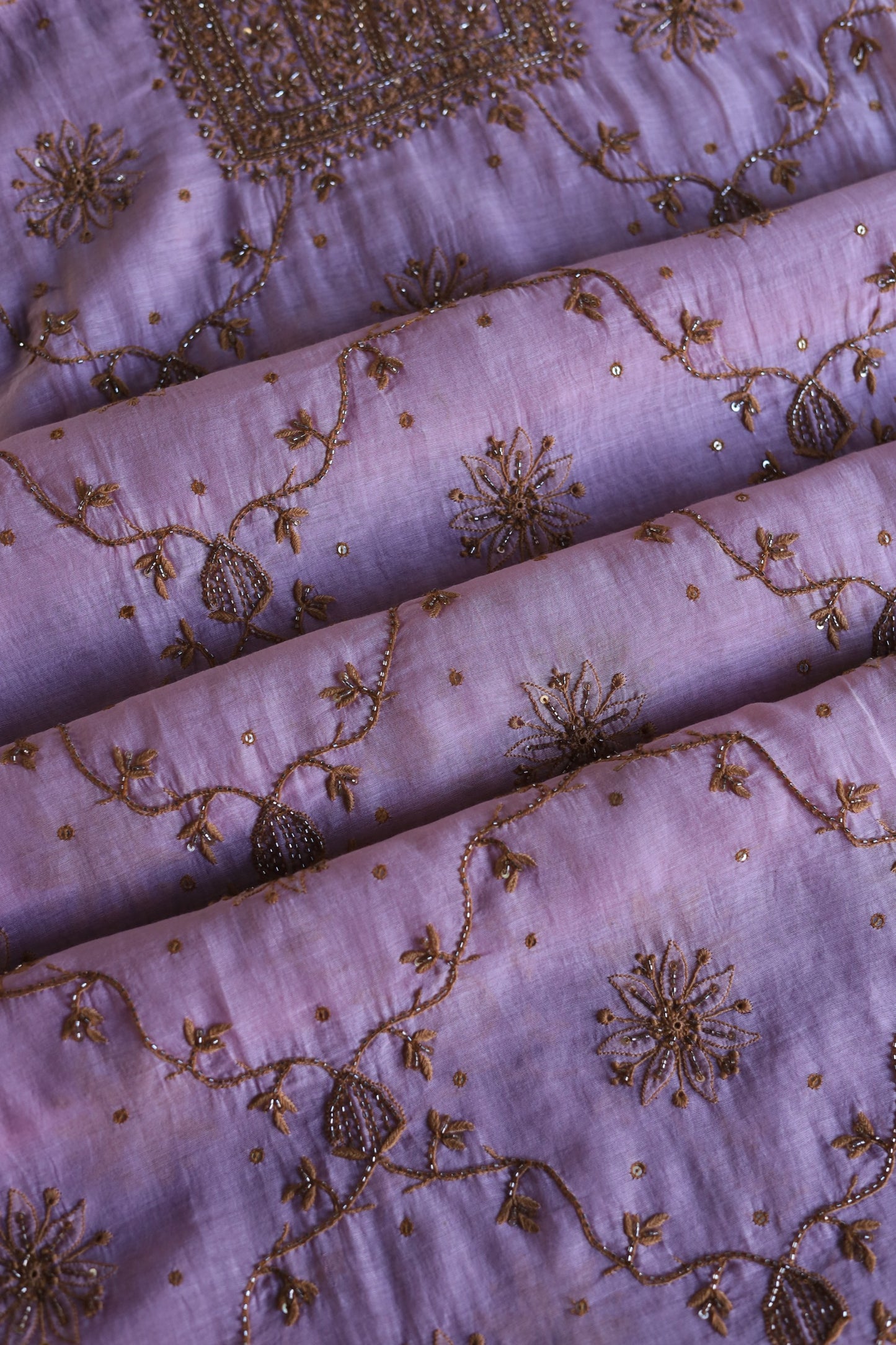 Pink & Mustard Mal Chanderi Silk Chikankari Unstitched Fabric