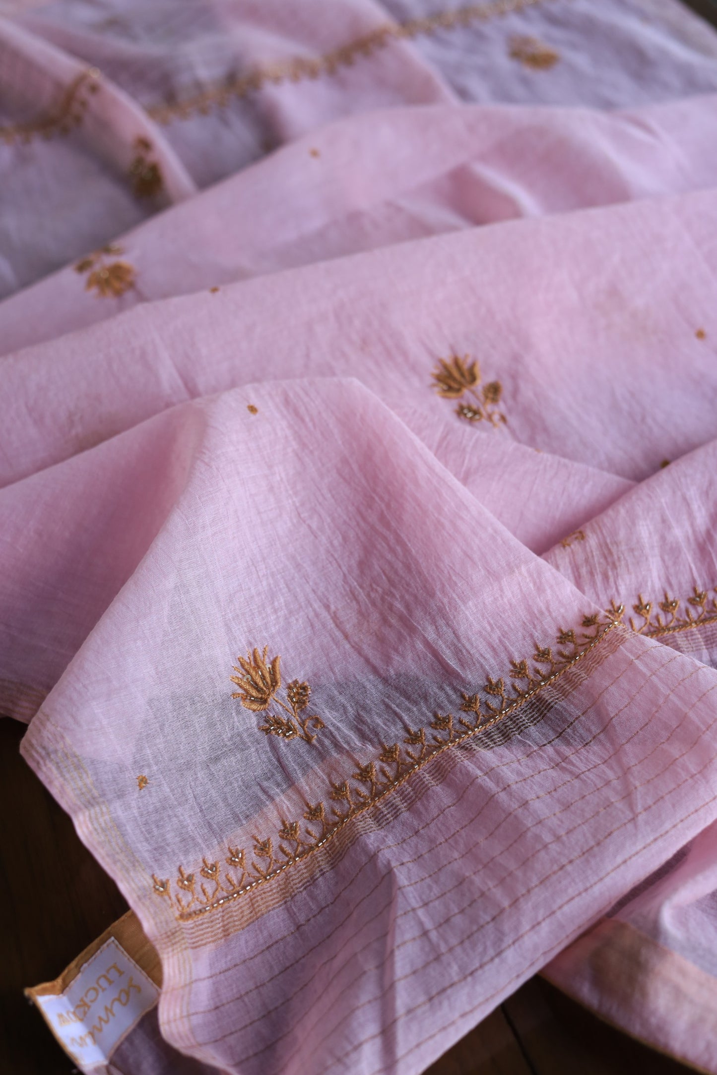 Pink & Mustard Mal Chanderi Silk Chikankari Unstitched Fabric