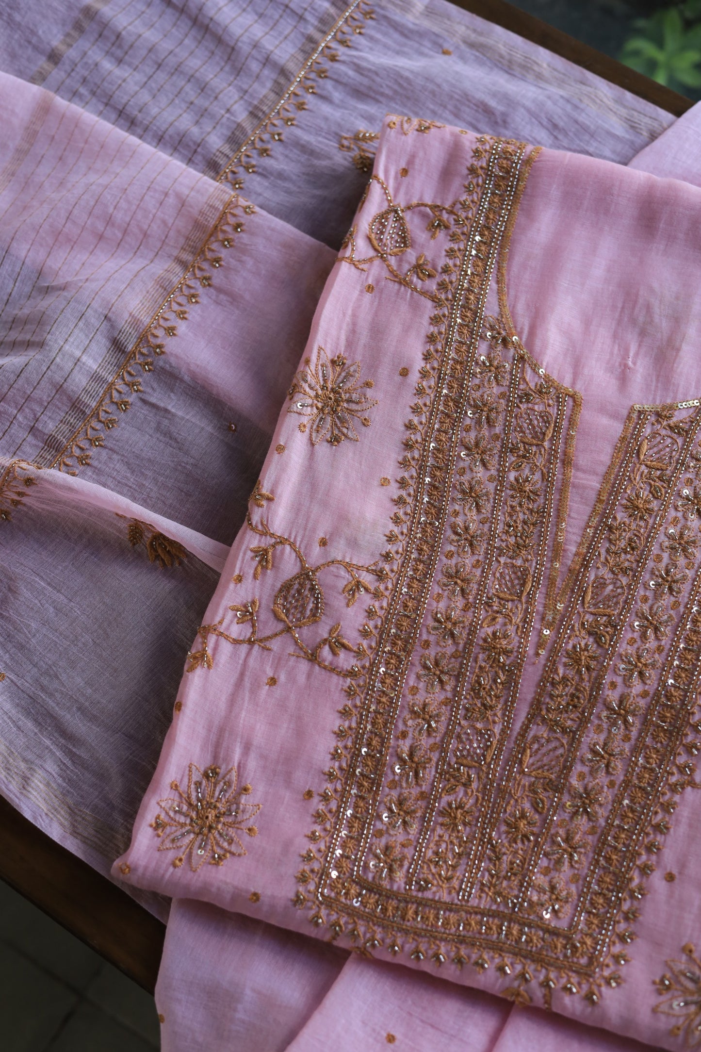 Pink & Mustard Mal Chanderi Silk Chikankari Unstitched Fabric