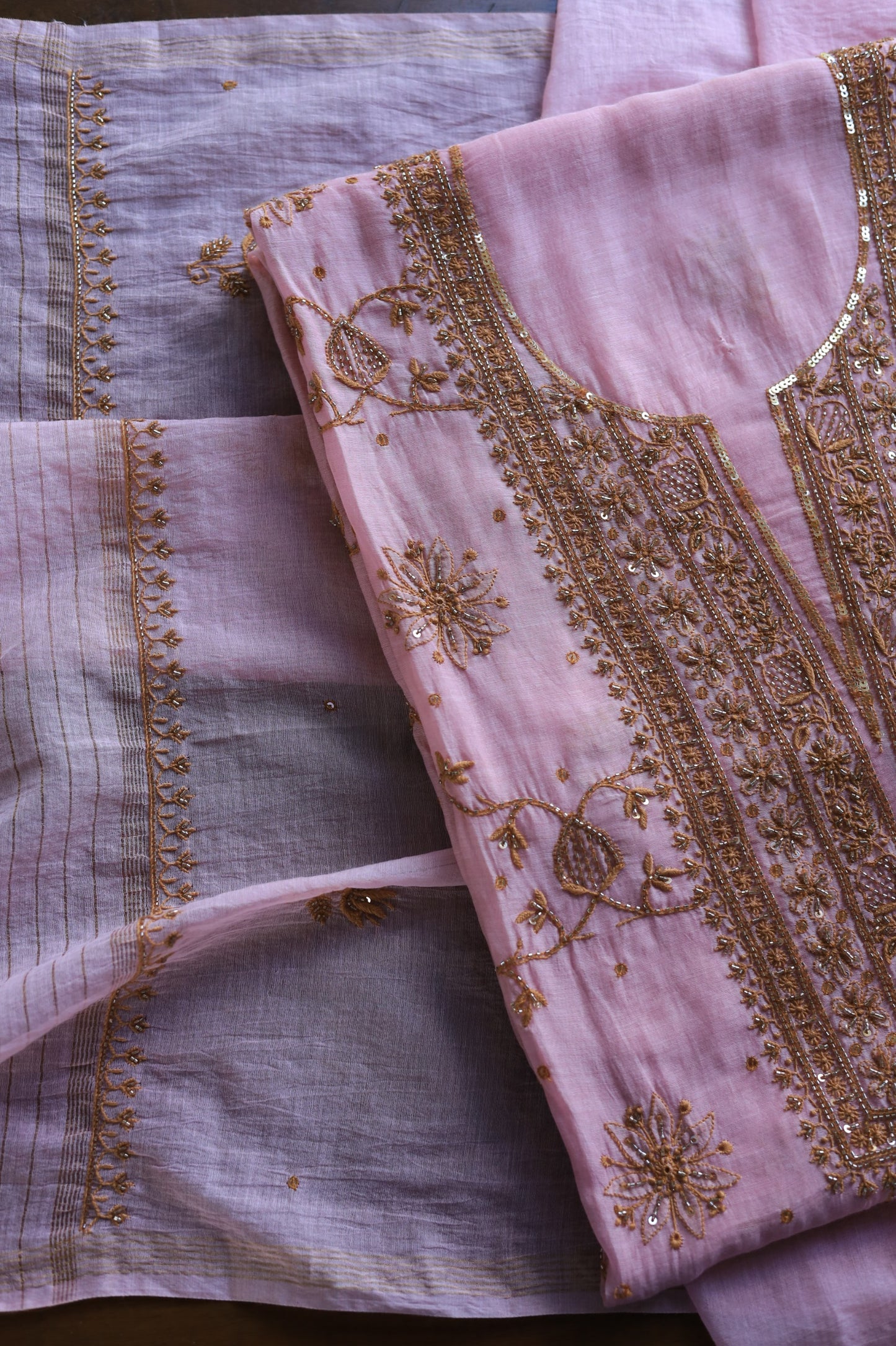 Pink & Mustard Mal Chanderi Silk Chikankari Unstitched Fabric