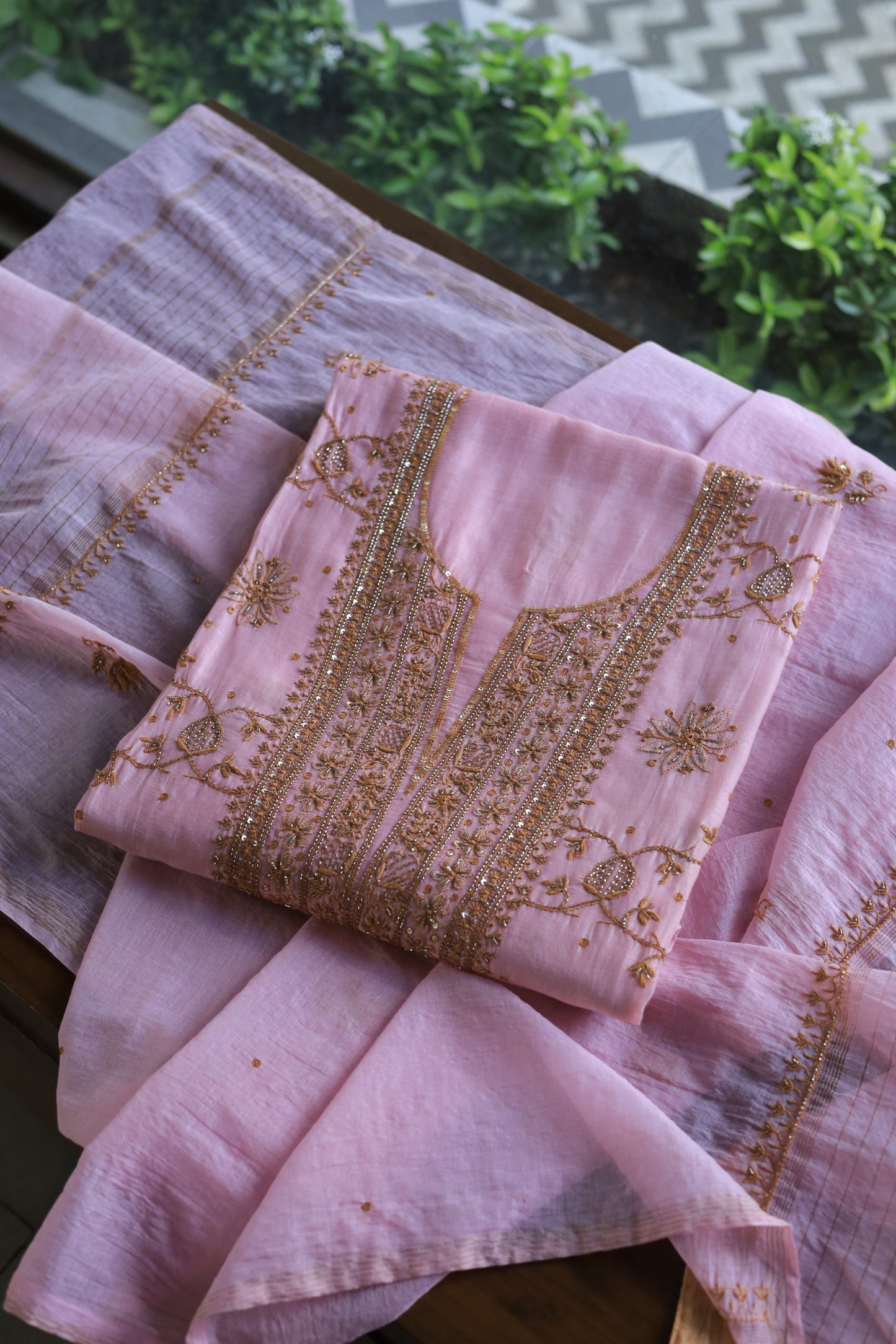 Pink & Mustard Mal Chanderi Silk Chikankari Unstitched Fabric
