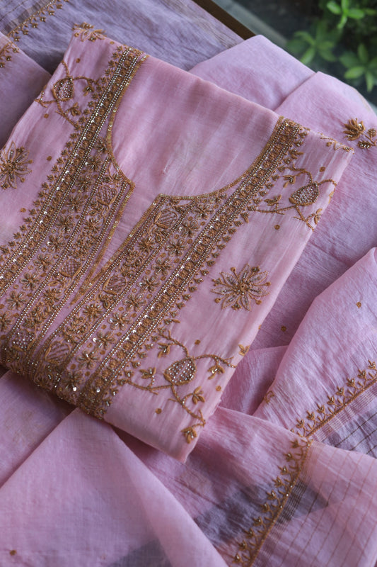 Pink & Mustard Mal Chanderi Silk Chikankari Unstitched Fabric