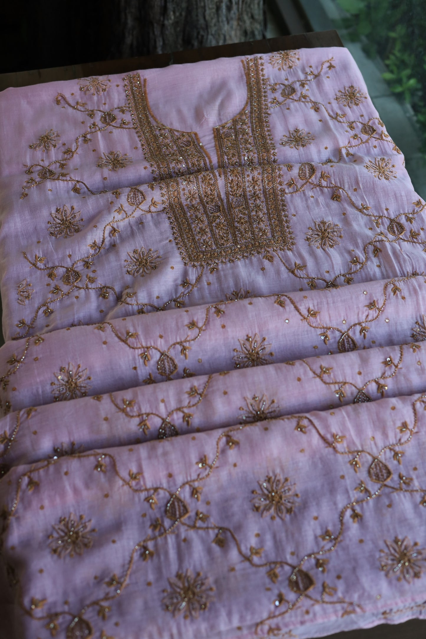 Pink & Mustard Mal Chanderi Silk Chikankari Unstitched Fabric