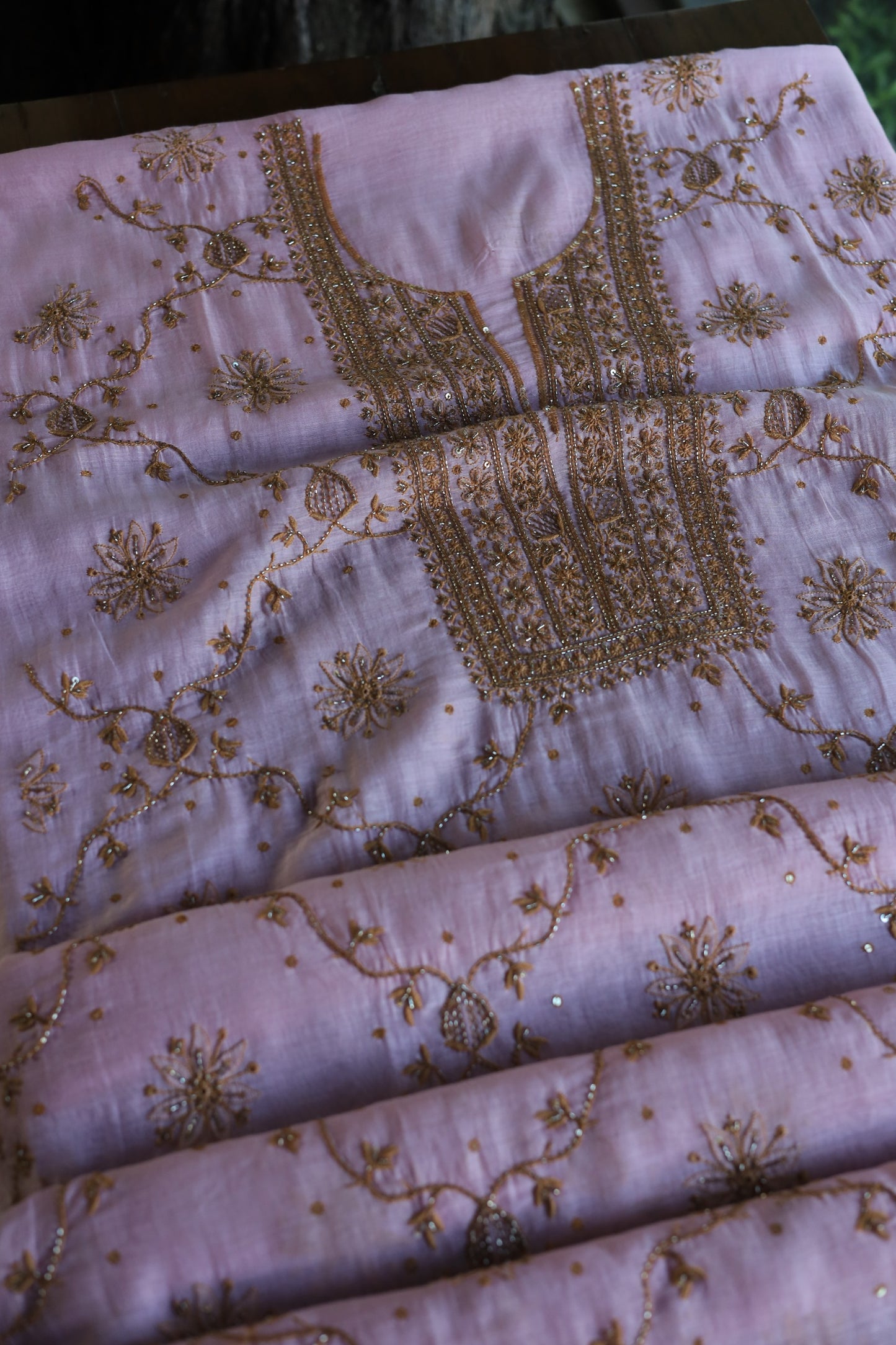 Pink & Mustard Mal Chanderi Silk Chikankari Unstitched Fabric