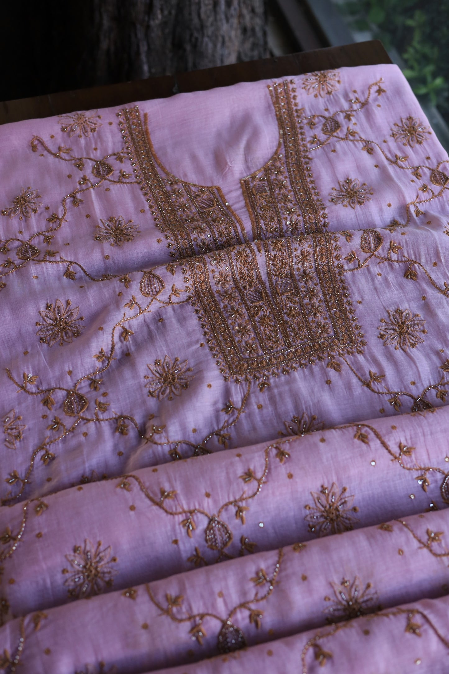 Pink & Mustard Mal Chanderi Silk Chikankari Unstitched Fabric