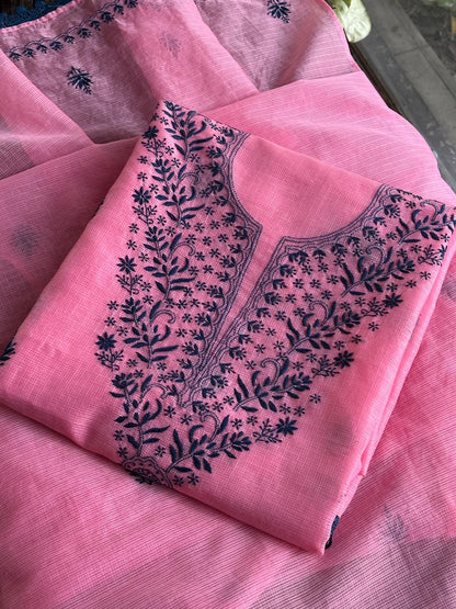 Pink & Navy Blue Kota Chikankari Unstitched Fabrics