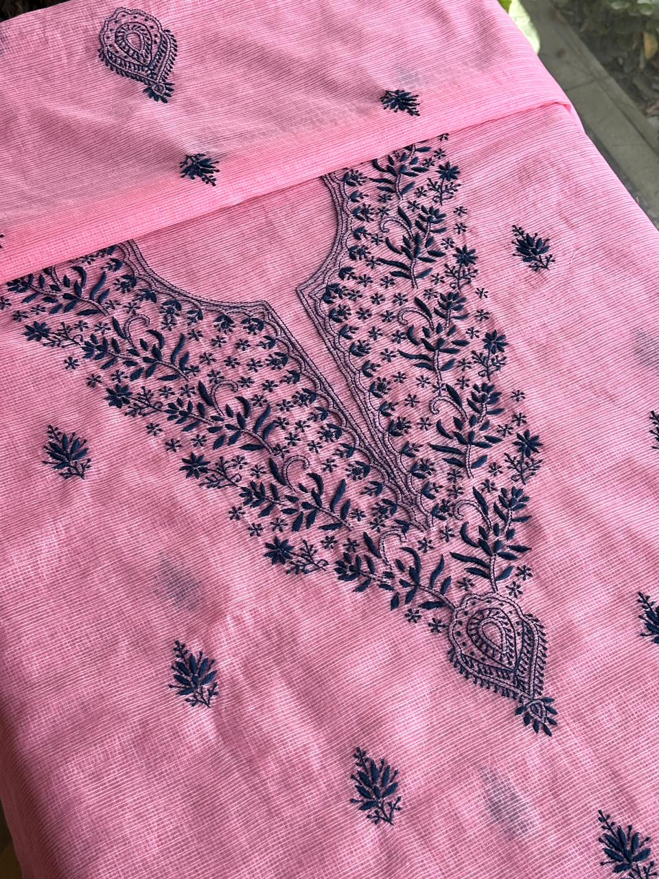 Pink & Navy Blue Kota Chikankari Unstitched Fabrics