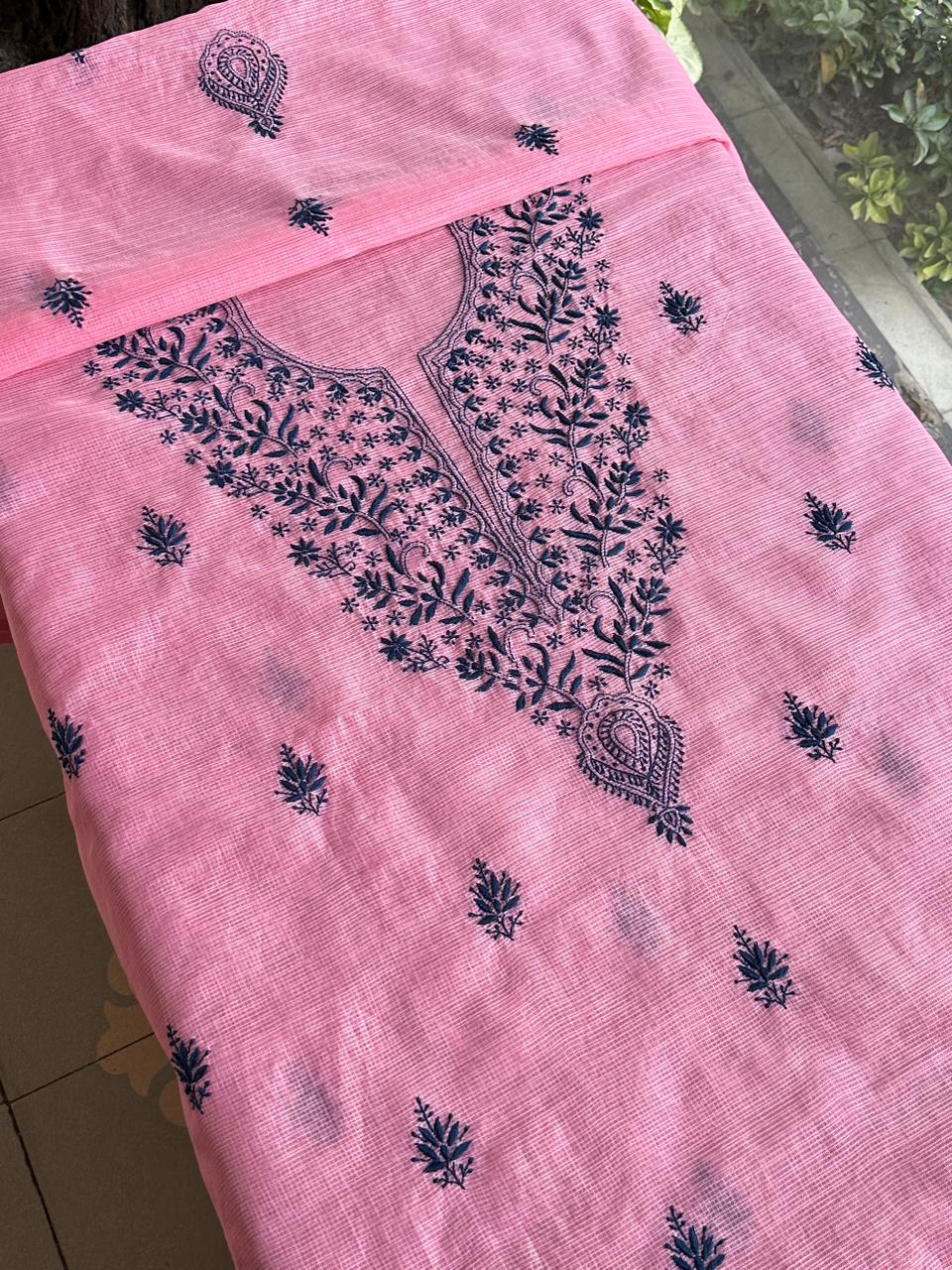 Pink & Navy Blue Kota Chikankari Unstitched Fabrics