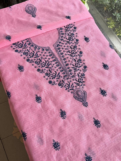 Pink & Navy Blue Kota Chikankari Unstitched Fabrics
