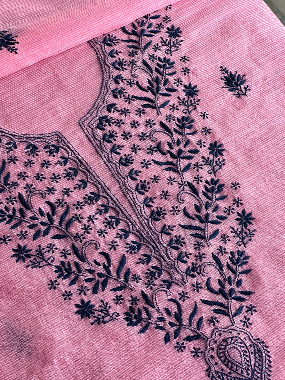 Pink & Navy Blue Kota Chikankari Unstitched Fabrics