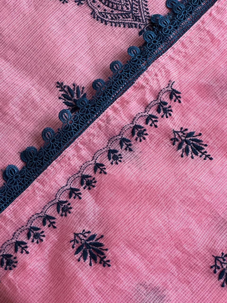 Pink & Navy Blue Kota Chikankari Unstitched Fabrics