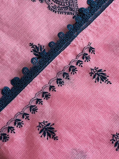 Pink & Navy Blue Kota Chikankari Unstitched Fabrics