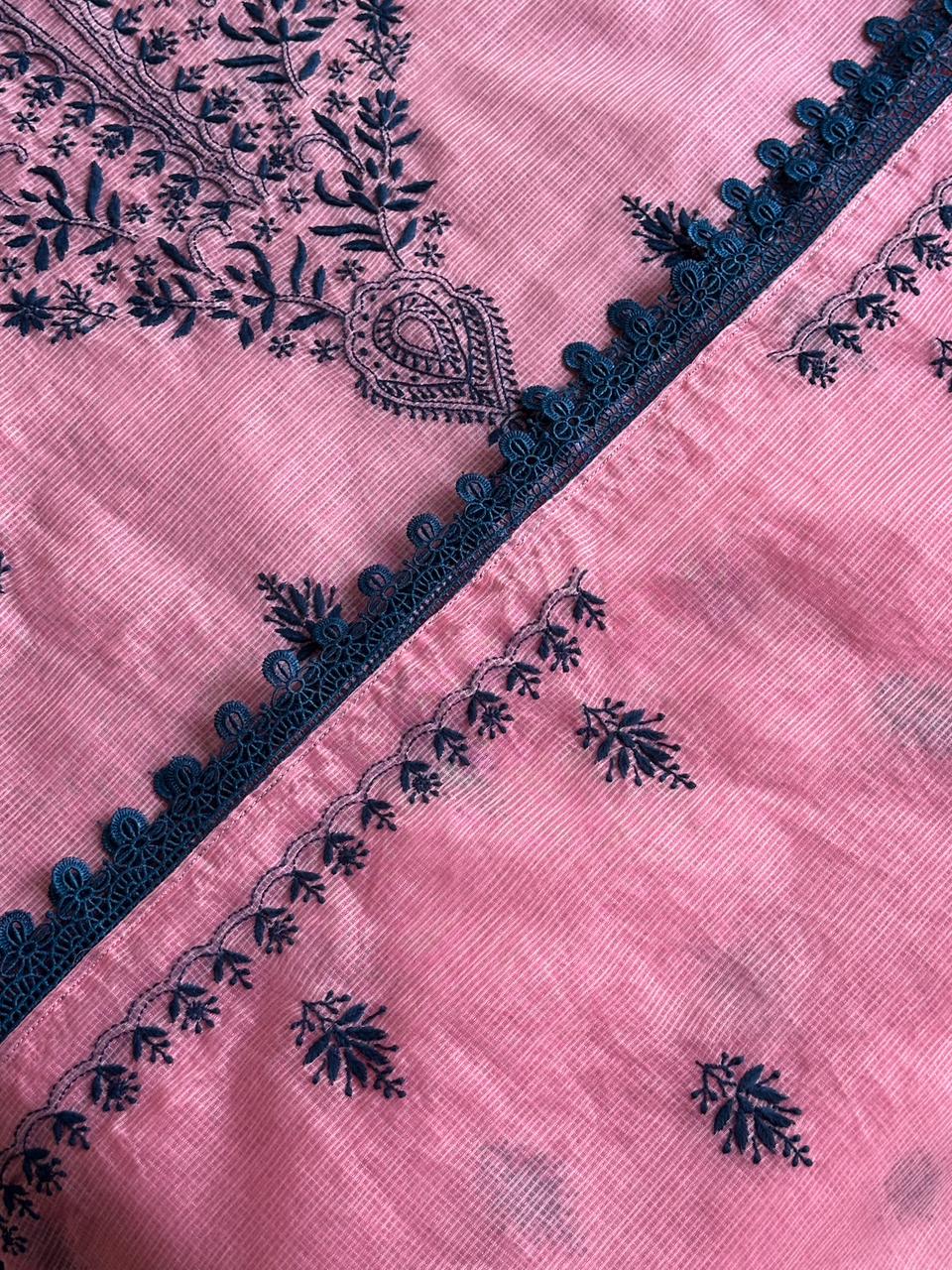 Pink & Navy Blue Kota Chikankari Unstitched Fabrics