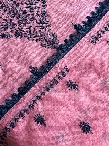 Pink & Navy Blue Kota Chikankari Unstitched Fabrics