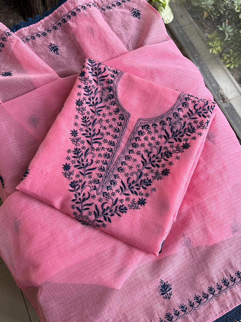Pink & Navy Blue Kota Chikankari Unstitched Fabrics