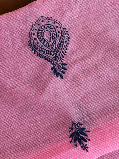 Pink & Navy Blue Kota Chikankari Unstitched Fabrics