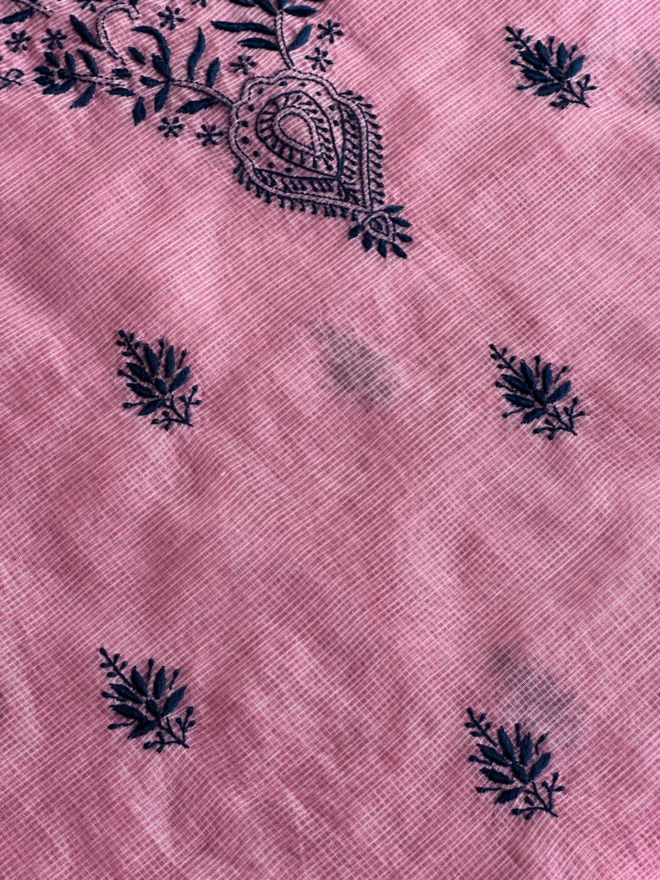 Pink & Navy Blue Kota Chikankari Unstitched Fabrics