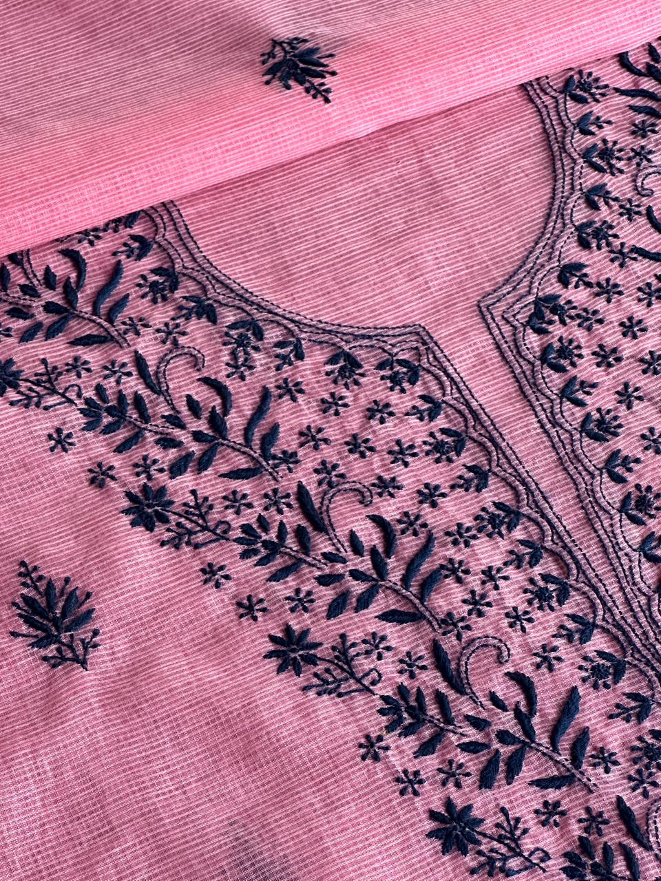 Pink & Navy Blue Kota Chikankari Unstitched Fabrics