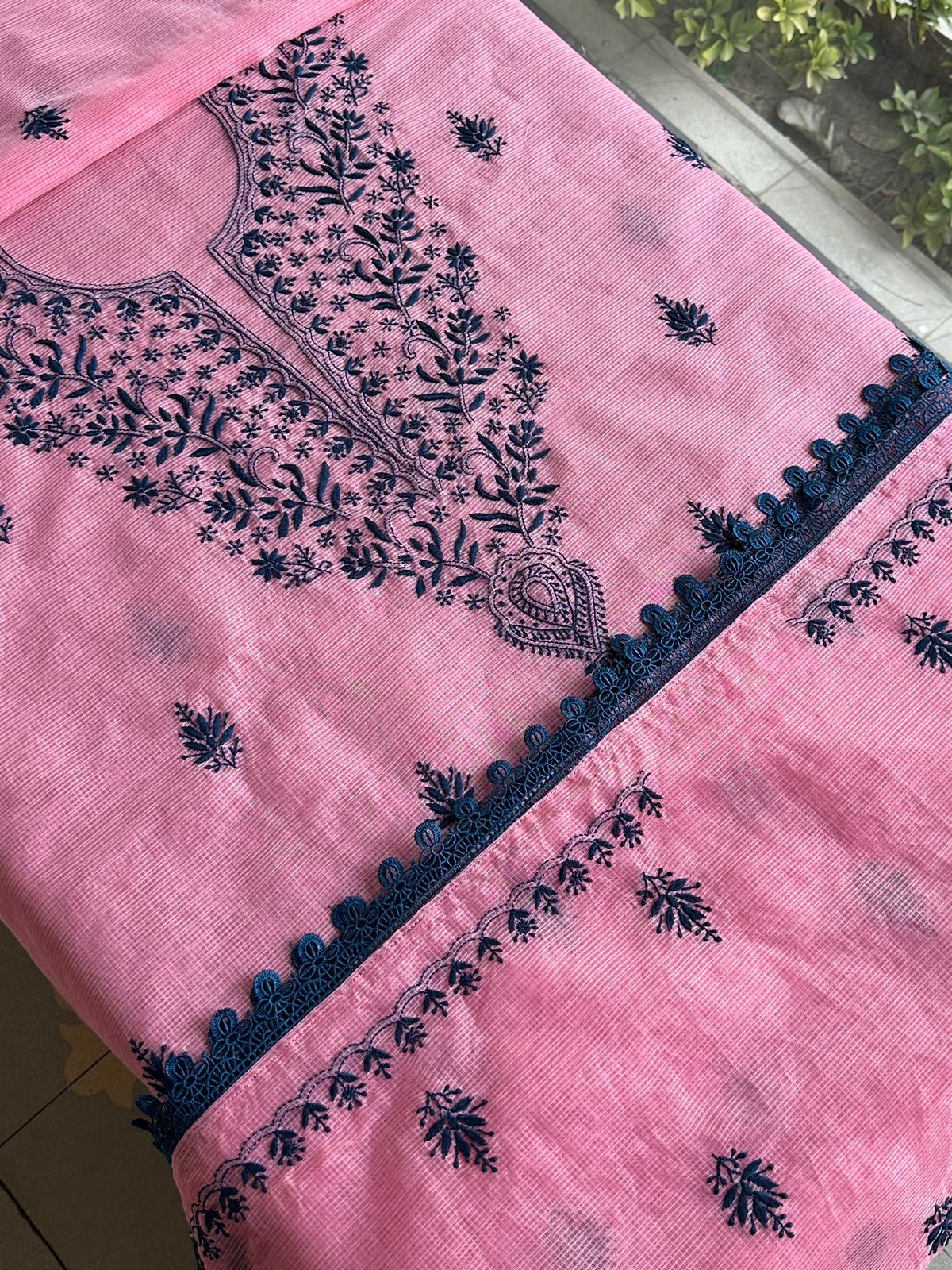 Pink & Navy Blue Kota Chikankari Unstitched Fabrics