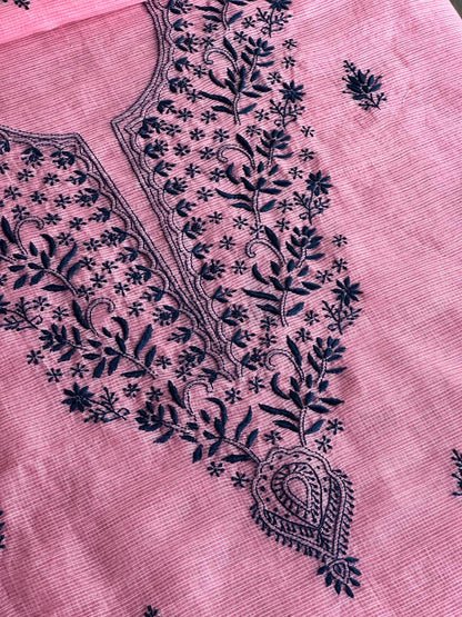 Pink & Navy Blue Kota Chikankari Unstitched Fabrics