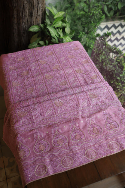 Pink Shade Linen Silk Chikankari With Ari Work Unstitched Kurta Dupatta Set