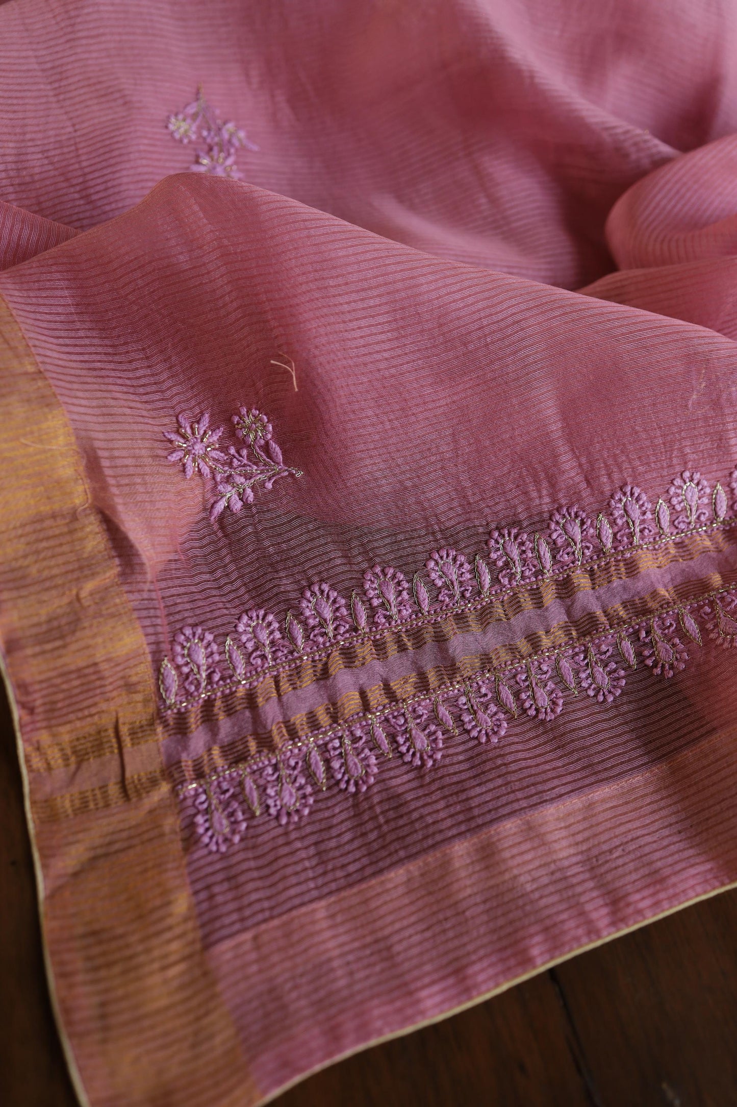Pink Shade Linen Silk Chikankari With Ari Work Unstitched Kurta Dupatta Set