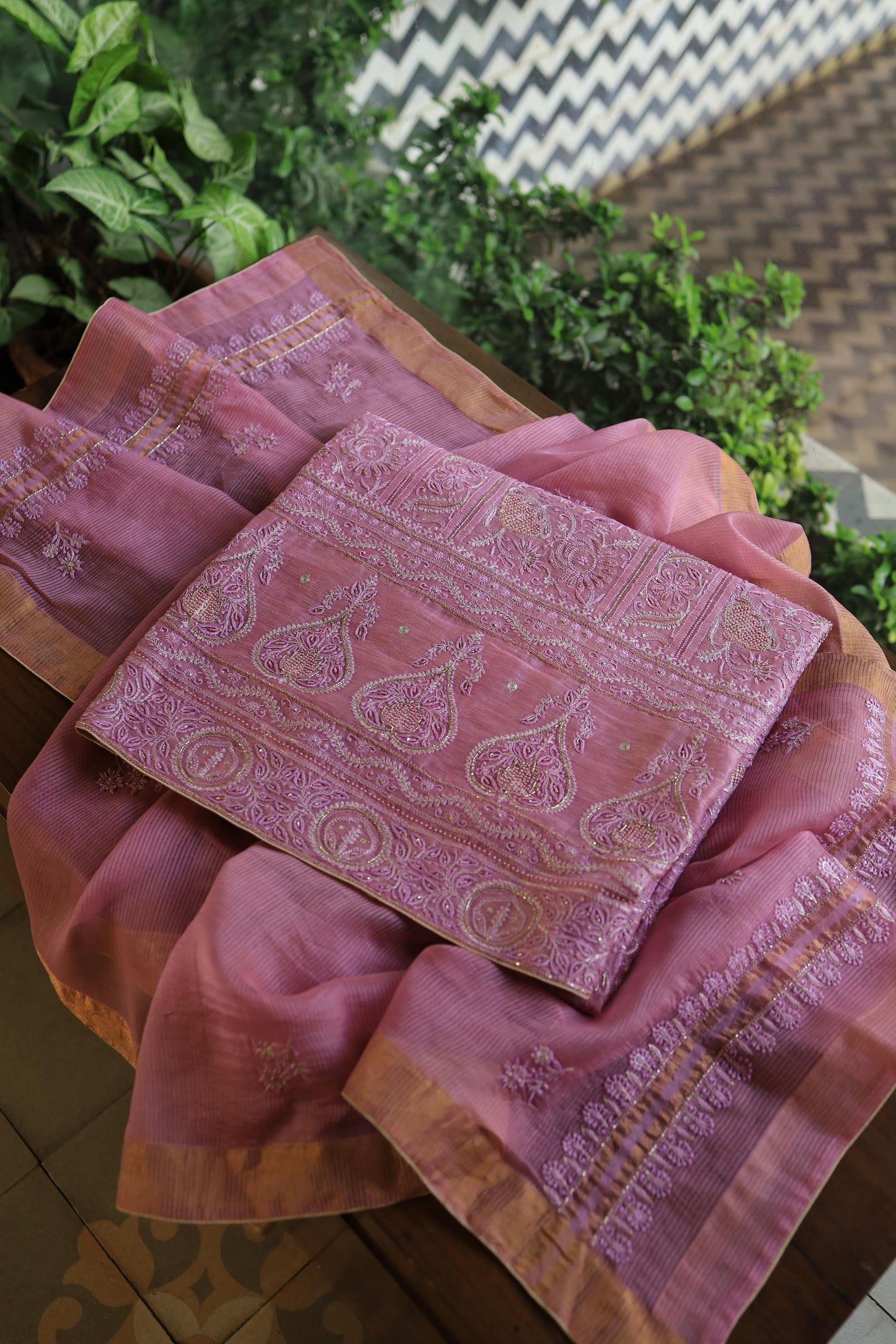 Pink Shade Linen Silk Chikankari With Ari Work Unstitched Kurta Dupatta Set
