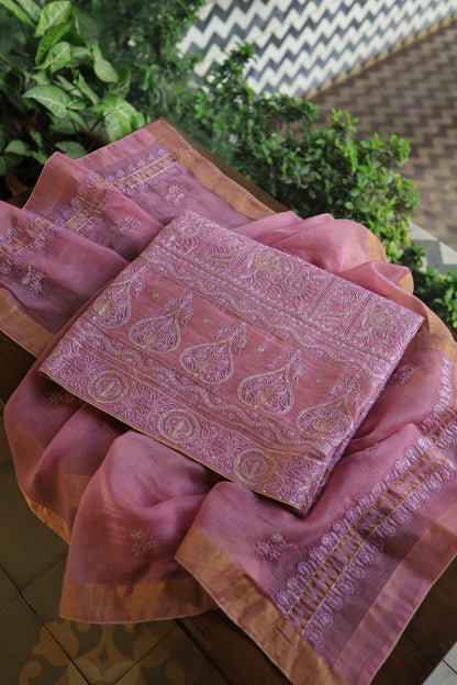 Pink Shade Linen Silk Chikankari With Ari Work Unstitched Kurta Dupatta Set