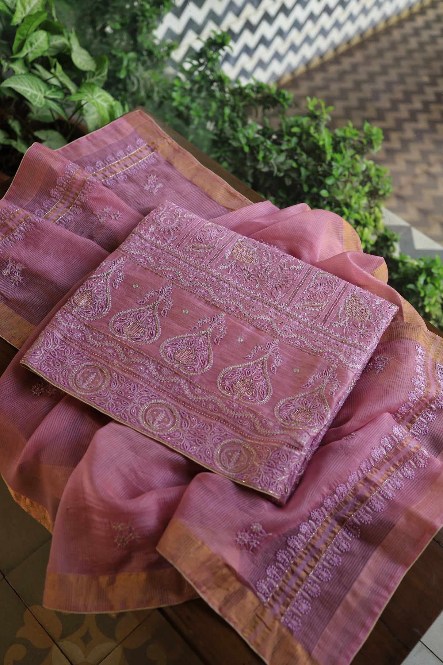 Pink Shade Linen Silk Chikankari With Ari Work Unstitched Kurta Dupatta Set