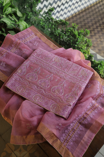 Pink Shade Linen Silk Chikankari With Ari Work Unstitched Kurta Dupatta Set