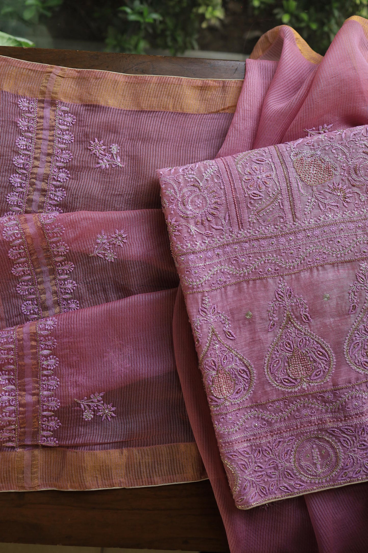 Pink Shade Linen Silk Chikankari With Ari Work Unstitched Kurta Dupatta Set