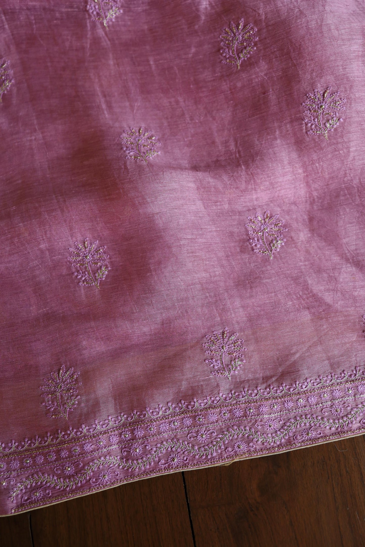 Pink Shade Linen Silk Chikankari With Ari Work Unstitched Kurta Dupatta Set