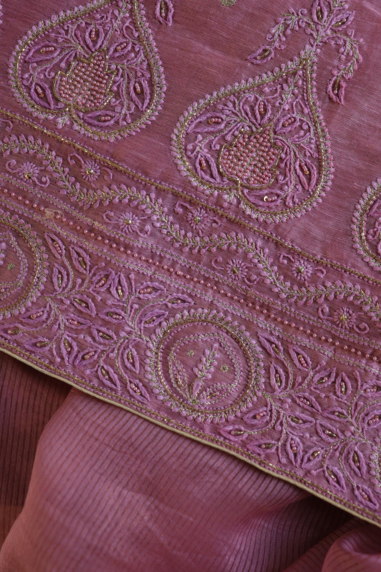 Pink Shade Linen Silk Chikankari With Ari Work Unstitched Kurta Dupatta Set