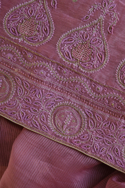 Pink Shade Linen Silk Chikankari With Ari Work Unstitched Kurta Dupatta Set